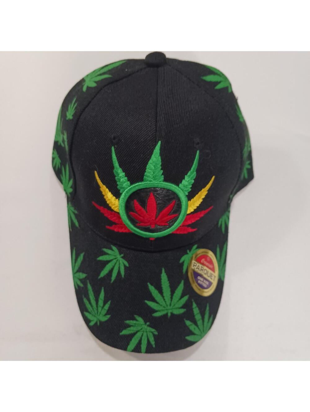Parquet Marijuana Leaf Men's Back Strap Black Cotton Blend Baseball Cap Hat